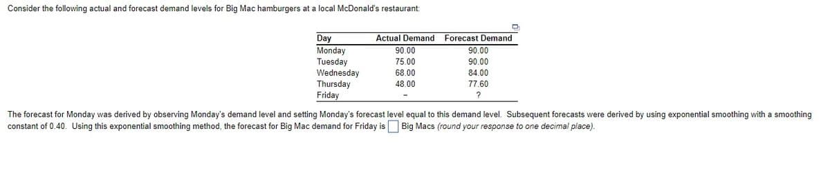Consider the following actual and forecast demand levels for Big Mac hamburgers at a local McDonald's restaurant:
Day
Monday
Tuesday
Wednesday
Thursday
Actual Demand
Forecast Demand
90.00
90.00
75.00
90.00
68.00
84.00
48.00
77.60
Friday
The forecast for Monday was derived by observing Monday's demand level and setting Monday's forecast level equal to this demand level. Subsequent forecasts were derived by using exponential smoothing with a smoothing
constant of 0.40. Using this exponential smoothing method, the forecast for Big Mac demand for Friday is Big Macs (round your response to one decimal place).
