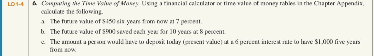 6. Computing the Time Value of Money. Using a financial calculator or time value of money tables in the Chapter Appendix,
calculate the following.
a. The future value of $450 six years from now at 7 percent.
b. The future value of $900 saved each year for 10 years at 8 percent.
c. The amount a person would have to deposit today (present value) at a 6 percent interest rate to have $1,000 five years
LO1-4
from now.
