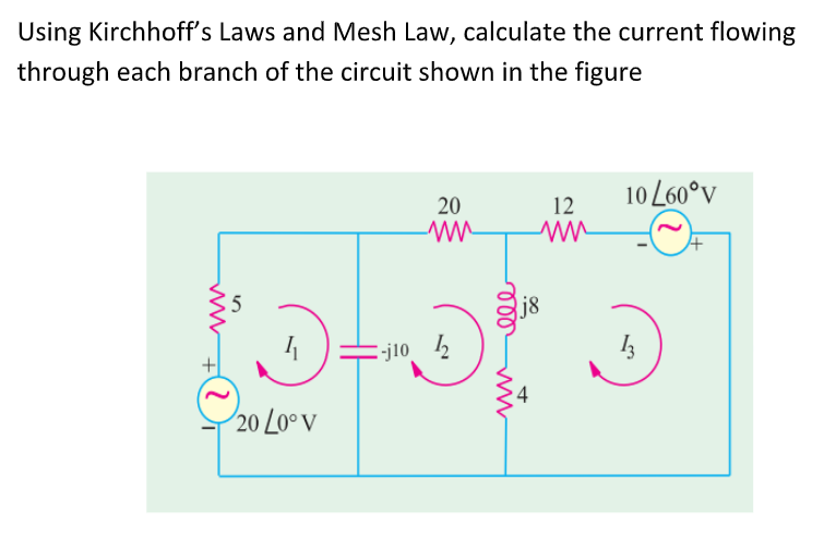 Using Kirchhoff's Laws and Mesh Law, calculate the current flowing
through each branch of the circuit shown in the figure
10 L60°v
20
12
-j10 2
20 L0º v
4-
