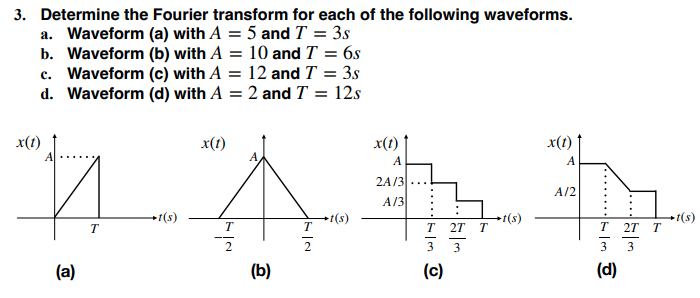 3. Determine the Fourier transform for each of the following waveforms.
a. Waveform (a) with A = 5 and T = 3s
b. Waveform (b) with A = 10 and T = 6s
c. Waveform (c) with A = 12 and T = 3s
d. Waveform (d) with A = 2 and T = 12s
x(t)
x(t)
x(t)
2A/3
W A D
(a)
t(s)
T
T
2
2
(b)
+t(s)
A/3
T 2T T
3 3
(c)
t(s)
x(t)
A
A/2
T 2T T
23
3 3
(d)
+t(s)
