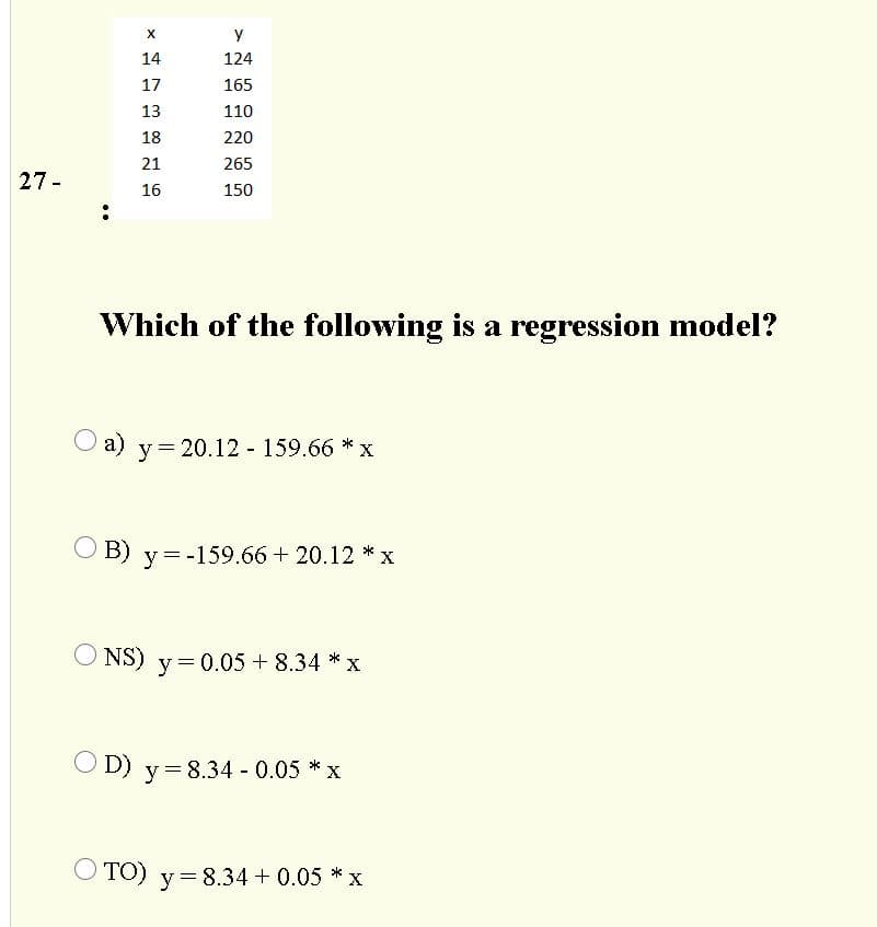 y
14
124
17
165
13
110
18
220
21
265
27-
16
150
Which of the following is a regression model?
a) y= 20.12 - 159.66 * x
B) y= -159.66 + 20.12 *x
O NS)
y = 0.05 + 8.34 * x
O D) y=8.34 - 0.05 * x
O TO)
y = 8.34 + 0.05 * x
