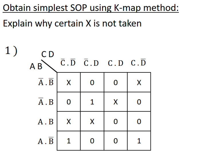 Obtain simplest SOP using K-map method:
Explain why certain X is not taken
1)
CD
C.D C.D C.D C.D
АВ
А.В
X
А.В
1
Α.Β
Α.Β
1
1
