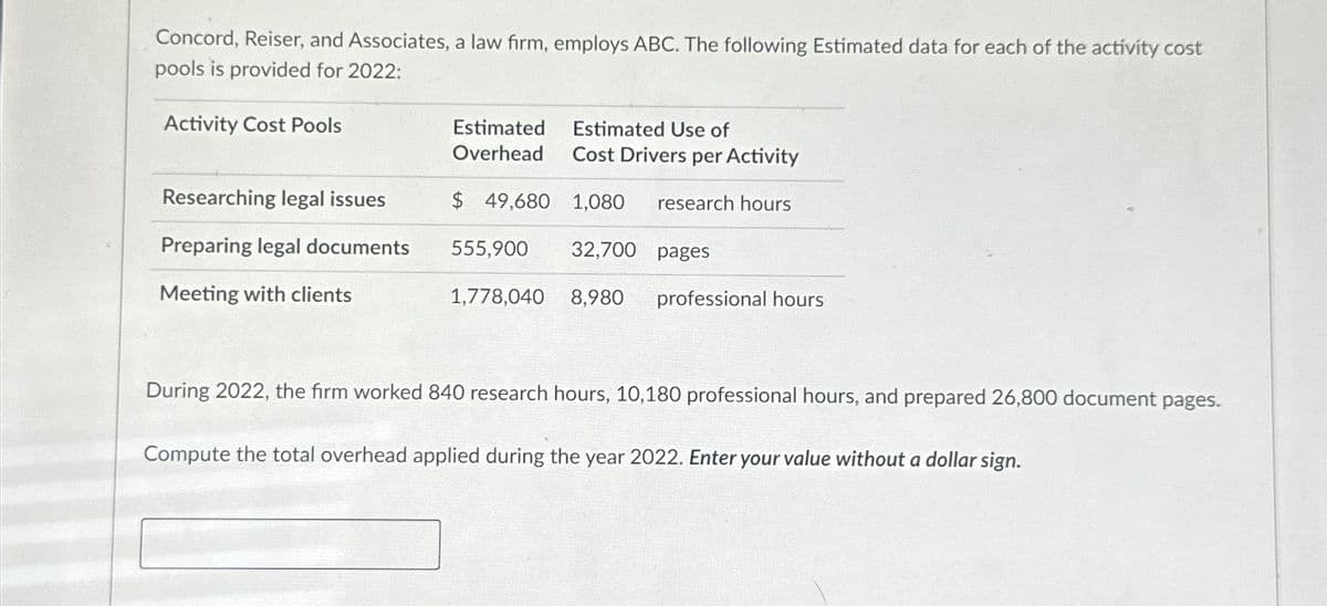Concord, Reiser, and Associates, a law firm, employs ABC. The following Estimated data for each of the activity cost
pools is provided for 2022:
Activity Cost Pools
Researching legal issues
Preparing legal documents
Meeting with clients
Estimated Use of
Cost Drivers per Activity
$ 49,680 1,080 research hours
32,700
8,980 professional hours
Estimated
Overhead
555,900
1,778,040
pages
During 2022, the firm worked 840 research hours, 10,180 professional hours, and prepared 26,800 document pages.
Compute the total overhead applied during the year 2022. Enter your value without a dollar sign.