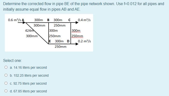 Determine the corrected flow in pipe BE of the pipe network shown. Use f=0.012 for all pipes and
initially assume equal flow in pipes AB and AE.
0.6 m/s A
300m B 300m c 0.4 m/s
300mm
424m
300mm
250mm
300m
250mm
E 300m D
300m
250mm
0.2 m/s
250mm
Select one:
O a. 14.16 liters per second
O b. 152.25 liters per second
O c. 92.75 liters per second
O d. 67.85 liters per second
