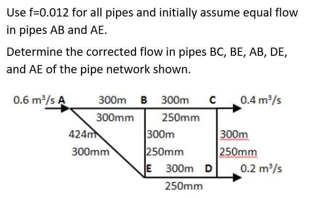 Use f=0.012 for all pipes and initially assume equal flow
in pipes AB and AE.
Determine the corrected flow in pipes BC, BE, AB, DE,
and AE of the pipe network shown.
0.6 m/s A
300m B 300m
0.4 m/s
300mm
250mm
424m
300m
300m
250mm
E
300mm
250mm
300m D
0.2 m/s
250mm
