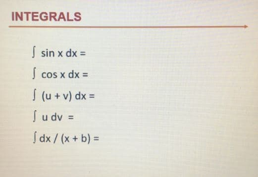 INTEGRALS
| sin x dx =
coS x dx =
I (u + v) dx =
S u dv =
%3D
Í dx / (x + b) =
