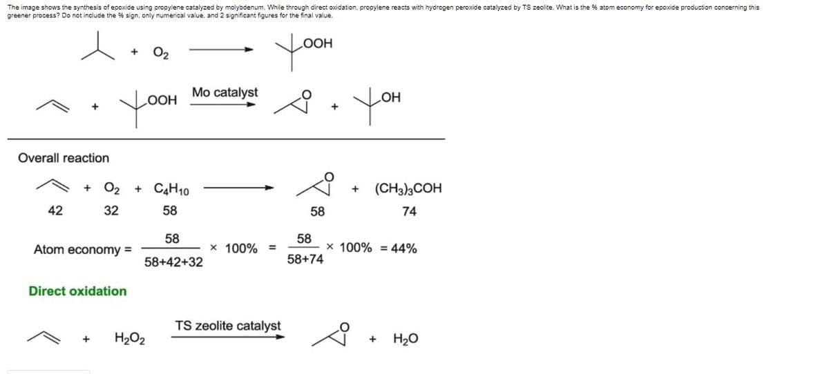The image shows the synthesis of epoxide using propylene catalyzed by molybdenum. While through direct oxidation, propylene reacts with hydrogen peroxide catalyzed by TS zeolite. What is the % atom economy for epoxide production concerning this
greener process? Do not include the % sign, only numerical value, and 2 significant figures for the final value.
yoou
you
O2
Mo catalyst
you
OOH
OH
Overall reaction
O2
+ C4H10
(CH3)3COH
42
32
58
58
74
58
58
Atom economy =
x 100% =
x 100% = 44%
58+42+32
58+74
Direct oxidation
TS zeolite catalyst
H2O2
