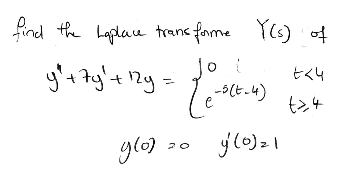 find the Laplace tranc fome
Y(s) of
y'+ 7g't Ry =
t12
-5(t_4)
e
tz4
ylo) >0 glo)>1
