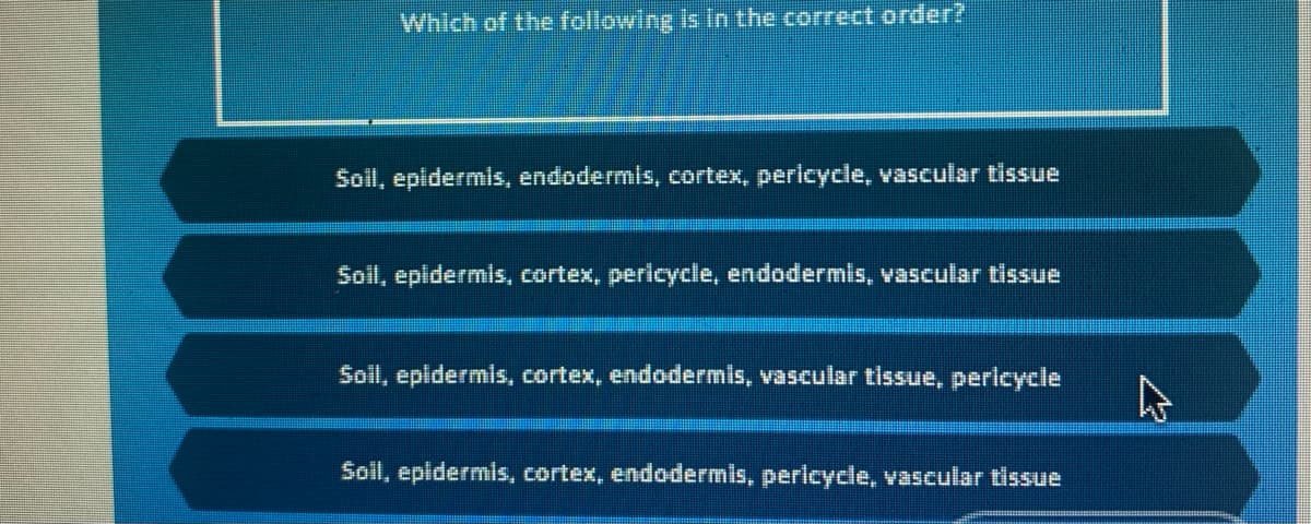 Which of the following is in the correct order?
Soil, epidermis, endodermis, cortex, pericycle, vascular tissue
Soil, epidermis, cortex, pericycle, endodermis, vascular tissue
Sol, epidermis, cortex, endodermis, vascular tissue, pericycle
Soil, epidermis, cortex, endodermis, pericycle, vascular tissue
