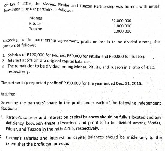 00 Jan. 1, 2016, the Mones, Pitular and Tuazon Partnership was formed with initial
investments by the partners as follows:
Mones
P2,000,000
Pitular
1,000,000
Tuazon
1,000,000
According to the partnership agreement, profit or loss is to be divided among the
partners as follows:
1. Salaries of P120,000 for Mones, P60,000 for Pitular and P60,000 for Tuazon.
2. Interest at 5% on the original capital balances.
3. The remainder to be divided among Mones, Pitular, and Tuazon in a ratio of 4:1:1,
respectively.
The partnership reported profit of P350,000 for the year ended Dec. 31, 2016.
Required:
Determine the partners' share in the profit under each of the following independent
situations:
1. Partner's salaries and interest on capital balances should be fully allocated and any
deficiency between these allocations and profit is to be divided among Mones,
Pitular, and Tuazon in the ratio 4:1:1, respectively.
2. Partner's salaries and interest on capital balances should be made only, to the
extent that the profit can provide.
