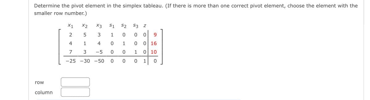 Determine the pivot element in the simplex tableau. (If there is more than one correct pivot element, choose the element with the
smaller row number.)
X1
X2
X3
S1
S2
S3
2
4
1
4
1
0 16
7
-5
1
0| 10
-25 -30 -50
1
row
column
N O Oo
