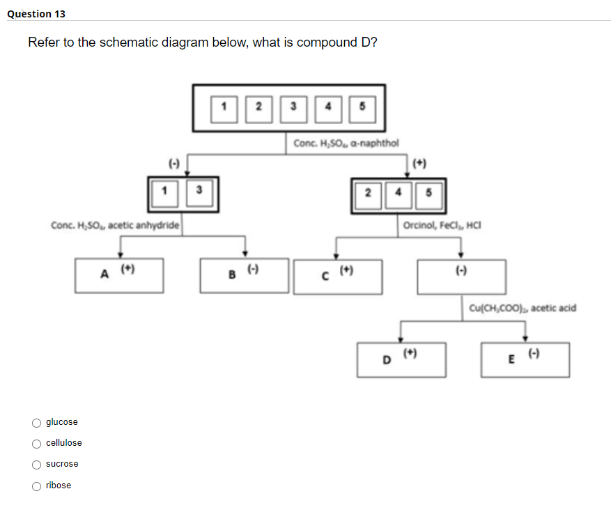 Question 13
Refer to the schematic diagram below, what is compound D?
2
3
Conc. H,SO, a-naphthol
(-)
(*)
3
2 4 || 5
Conc. H,SO, acetic anhydride
Orcinol, FeCl, HCI
A (*)
B ()
(*)
(-)
Cu(CH,COO), acetic acid
glucose
cellulose
sucrose
ribose
