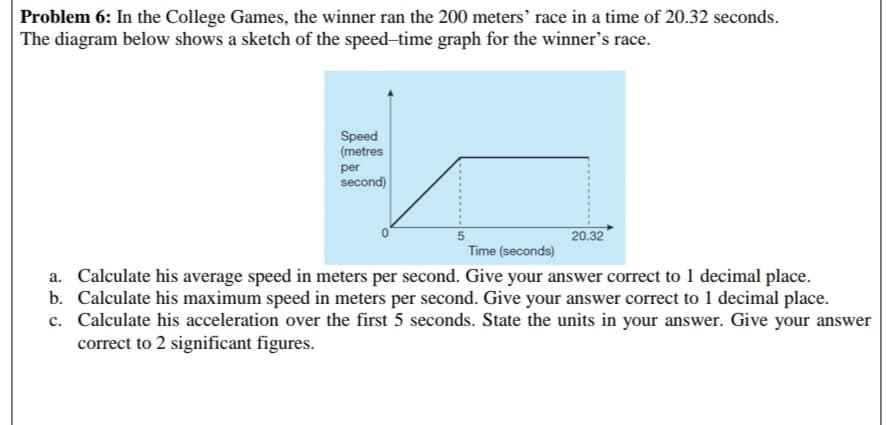 Problem 6: In the College Games, the winner ran the 200 meters' race in a time of 20.32 seconds.
The diagram below shows a sketch of the speed-time graph for the winner's race.
Speed
(metres
per
second)
20.32
Time (seconds)
a. Calculate his average speed in meters per second. Give your answer correct to 1 decimal place.
b. Calculate his maximum speed in meters per second. Give your answer correct to 1 decimal place.
c. Calculate his acceleration over the first 5 seconds. State the units in your answer. Give your answer
correct to 2 significant figures.
