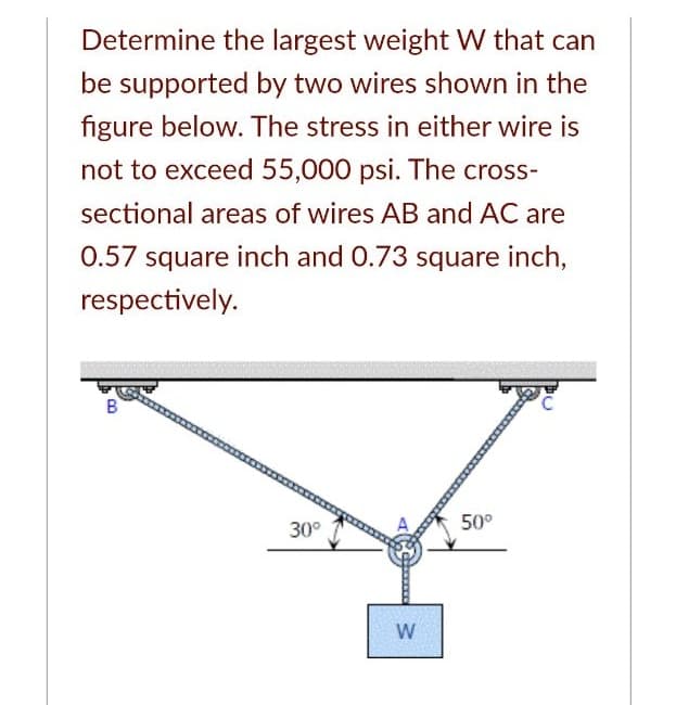 Determine the largest weight W that can
be supported by two wires shown in the
figure below. The stress in either wire is
not to exceed 55,000 psi. The cross-
sectional areas of wires AB and AC are
0.57 square inch and 0.73 square inch,
respectively.
30°
50°
W
