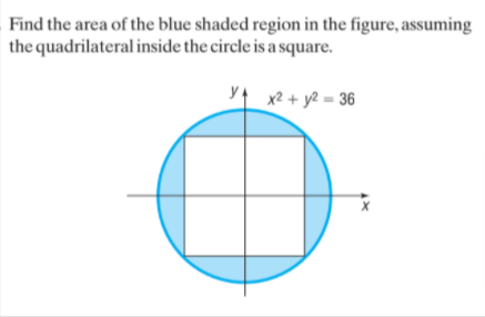 Find the area of the blue shaded region in the figure, assuming
the quadrilateral inside the circle is a square.
yt x2 + y2 = 36

