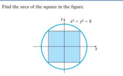 Find the area of the square in the figure.
Yf x2 + y2 = 9
