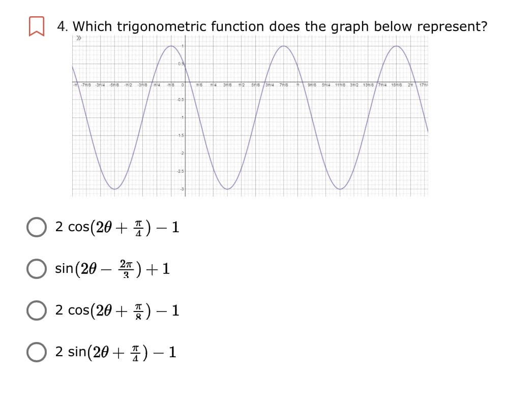 W 4. Which trigonometric function does the graph below represent?
T-718 ST4 -ST8 2
-m8 0
ST8 T2
Sme /3m4 7m8
9m/8 ST4 118 32 13T8 /7m4 158 2m 17m
-0.5
-25
2 cos(20+ 표)-1
O sin(20 – ) +1
O 2 cos(20 + ) – 1
O 2 sin(20 + I)-1
