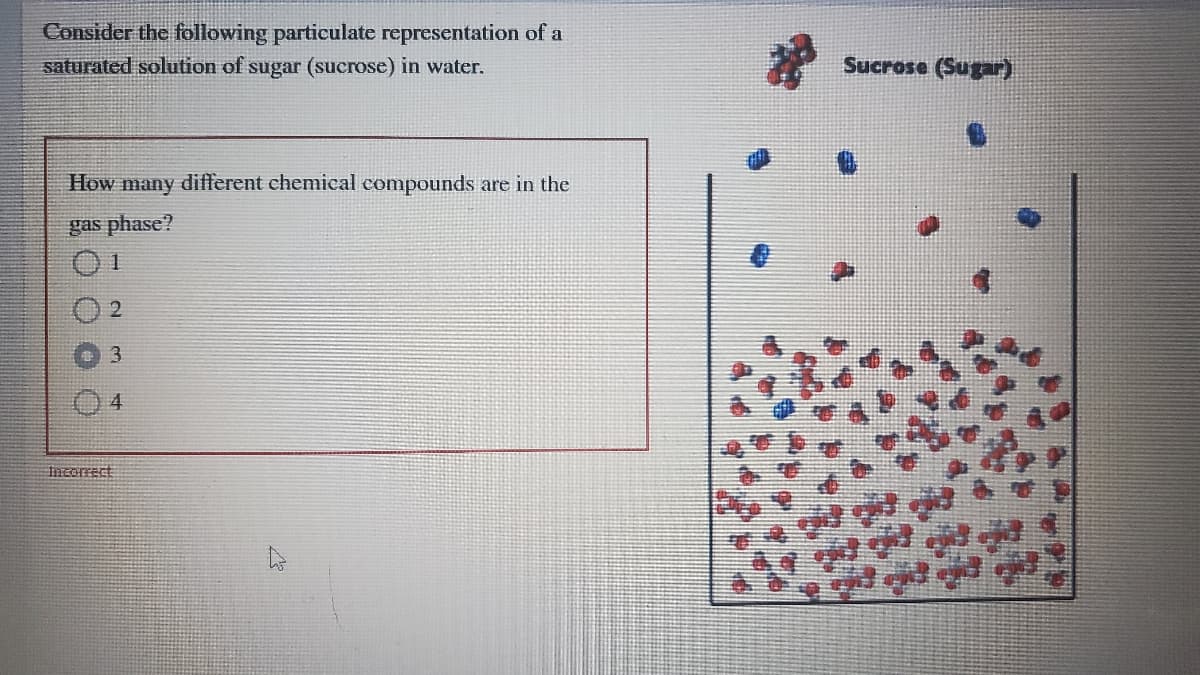 Consider the following particulate representation of a
saturated solution of sugar (sucrose) in water.
Sucrose (Sugar)
How many different chemical compounds are in the
gas phase?
2.
fncorrect
