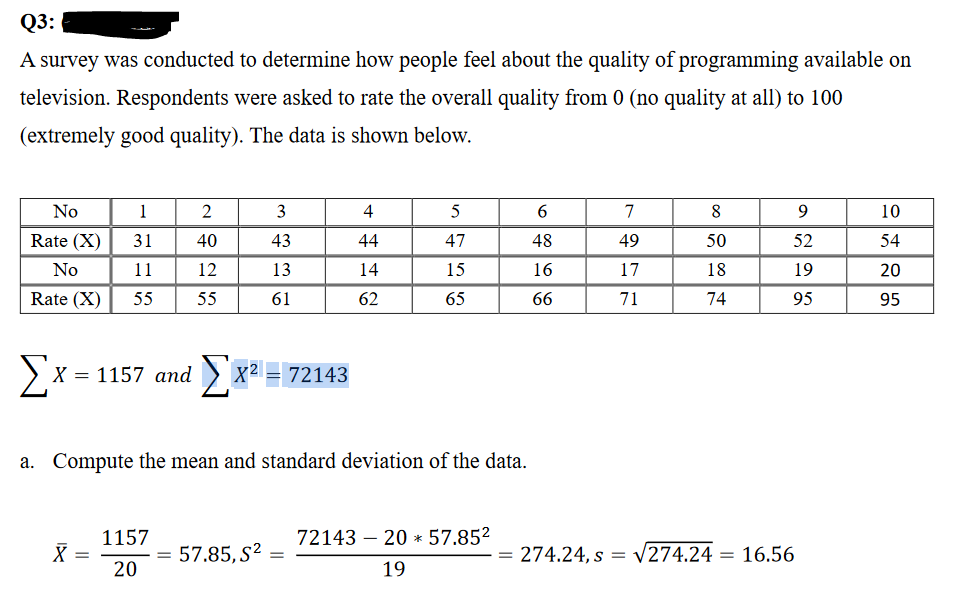 Q3:
A survey was conducted to determine how people feel about the quality of programming available on
television. Respondents were asked to rate the overall quality from 0 (no quality at all) to 100
(extremely good quality). The data is shown below.
No
Rate (X)
No
Rate (X)
a.
1
2
31
40
11
12
55 55
Σ X = 1157 and X² = 72143
X =
3
43
13
61
1157
20
4
57.85, S² =
4462
14
3 47 13 6
6481666
Compute the mean and standard deviation of the data.
5
19
15
65
7214320 * 57.85²
7
49
17
71
8
50
18
74
9
52
19
95
= 274.24, s = √274.24 = 16.56
14250
95