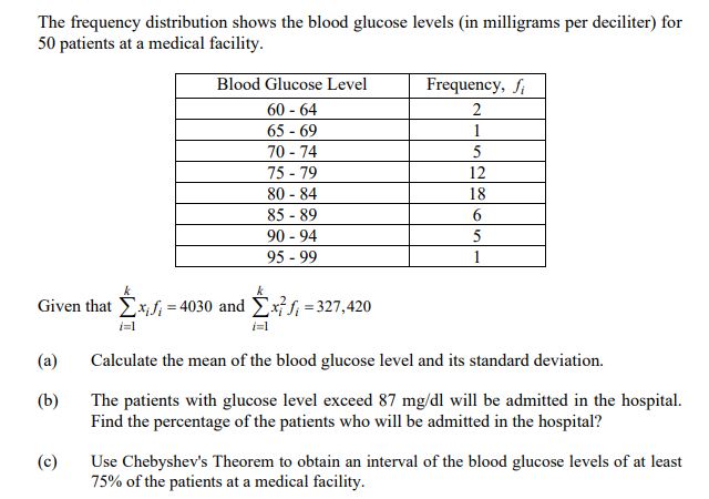 The frequency distribution shows the blood glucose levels (in milligrams per deciliter) for
50 patients at a medical facility.
Blood Glucose Level
Frequency, fi
60 - 64
2
65 - 69
1
70 - 74
75 - 79
80 - 84
85 - 89
12
18
6.
90 - 94
5
95 - 99
1
Given that Ex, f; = 4030 and Exff; = 327,420
(a)
Calculate the mean of the blood glucose level and its standard deviation.
(b)
The patients with glucose level exceed 87 mg/dl will be admitted in the hospital.
Find the percentage of the patients who will be admitted in the hospital?
(c)
Use Chebyshev's Theorem to obtain an interval of the blood glucose levels of at least
75% of the patients at a medical facility.
