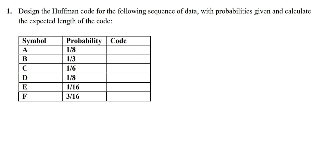 1. Design the Huffman code for the following sequence of data, with probabilities given and calculate
the expected length of the code:
Probability Code
1/8
Symbol
А
В
1/3
C
1/6
D
1/8
E
1/16
F
3/16
