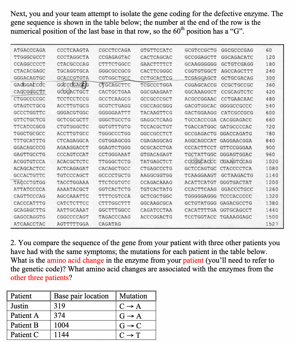 Next, you and your team attempt to isolate the gene coding for the defective enzyme. The
gene sequence is shown in the table below; the number at the end of the row is the
numerical position of the last base in that row, so the 60th position has a "G”.
ATGACCCAGA
TTGGGCGCCT
CCAGGCCCCT
CCCTCAAGTA CGCCTCCAGA GTGTTCCATC
CCCTAGGCTA CCGAGAGTAC CACTCAGCAC
CTACGCCCAG CTTTCTGGCC GAACTTTTCT
TGCAGGTGCA GGGCGCCGCG CACTTCGGGC
CGTGGCTGCC CCTGCACTCG
CTACACGAGC
GGGACAGTGC
GCACCGTGTA
GAGGGACCOC GGCCOGAGEG CTGCAGCTTC TCGCCCTGGA
TGGCTGCGCC
TTTGCATTTG
GGACAGCCCG
GAGTTGCCTG
CAGCGGGCTT GCGGACTGCT CACTGCTGAA GGCGAAGAAT
CTGGCCCCGC TCCTCCTCCG GCCTCAAGCG GCCGCCCGCT
GTAGTCTGCG ACCTTGTGCG GCGTCTGAGG CGCCAGCGGG
GCCCTGGTTC GGGACGTGGC GGGGGAATTT TACAAGTTCG
GTTCTGCTCG GCTCGCGCTT GGGCTGCCTG GAGGCTCAAG
TTCATCCGCG CTGTGGGCTC GGTGTTTGTG TCCACGCTGT
ACCTTGTGCC TGGGCCCTGG GGCCGCCTCT
CTCAGAGGCA CGTGGAGCGG CGAGAGGCAG
AGAAGGACCT GGAGTCTGGG GCGCACCTGA
CCCAGTCCAT CCTGGGAAAT GTGACAGAGT
ACACGCTCTC TTGGGCTCTG TATGAGCTCT
ACTCAGAGAT CACAGCTGCC CTGAGCCCTG
TGTCCCAGCT GCCCCTGCTG AAGGCGGTGG
TACCTGGAAA TTCTCGTGTC CCAGACAAAG
AAAATACGCT GGTCACTCTG TGTCACTATG
AGCCAAATTC TTTTCGTCCA GCTCGCTGGC
CATCTCTTCC CTTTGGCTTT GGCAAGCGCA
AATTGCAAAT GGCTTTGGCC CAGATCCTAA
CGGCCCCAGT TAGACCCAAG ACCCGGACTG
AGTTTTTGGA CAGATAG
ACGGTGTCCA
ACAGCACTCC
GCCACTGTTC
TACCCTGTGG
ATTATCCCCA
CAGTTCCCAG
CACCCATTTG
GCAGAGCTTG
GAGCCAGGTG
ATCAACCTAC
Patient
Justin
Patient A
Patient B
Patient C
Base pair location
319
374
1004
1144
GCGTCCGCTG GGCGCCCGAG
GCCGGAGCTT GGCAGACATC
GCAAGGGGGG GCTGTCGAGG
CGGTGTGGCT AGCCAGCTTT
TCGAGGAGCT GCTGCGACAG
CGGAGCACCG CCGCTGCCGC
GGCAAAGGCT CCGCAGTCTC
ACGCCGGAAC CCTGAACAAC
GACGTGGCAC GGGGCC GCCC
GACTGGAAGG CATCGCCGCG
TGCCACCCGA CACGGAGACC
TGACCATGGC GATGCCCCAC
GCCGAGACTG GGACCAGATG
AGGCAGCCAT GAGGAACGGA
CCCACTTCCT GTTCCGGGAA
TGCTATTGGC GGGAGTGGAC
COCGGCACCC CGAAGTCCAG
GCTCCAGTGC CTACCCCTCA
TCAAGGAAGT GCTAAGACTG
ACATTCATGT GGGTGACTAT
CCACTTCAAG GGACCCTGCC
TGGGGGAGGG TCCCACCCCC
GCTGTATGGG GAGACGCCTG
CACATTTTGA GGTGCAGCCT
TCCTGGTACC TGAAAGGAGC
2. You compare the sequence of the gene from your patient with three other patients you
have had with the same symptoms; the mutations for each patient in the table below.
What is the amino acid change in the enzyme from your patient (you'll need to refer to
the genetic code)? What amino acid changes are associated with the enzymes from the
other three patients?
Mutation
C → A
G→ A
G → C
C → T
60
120
180
240
300
360
420
480
540
600
660
720
780
840
900
960
1020
1080
1140
1200
1260
1320
1380
1440
1500
1527