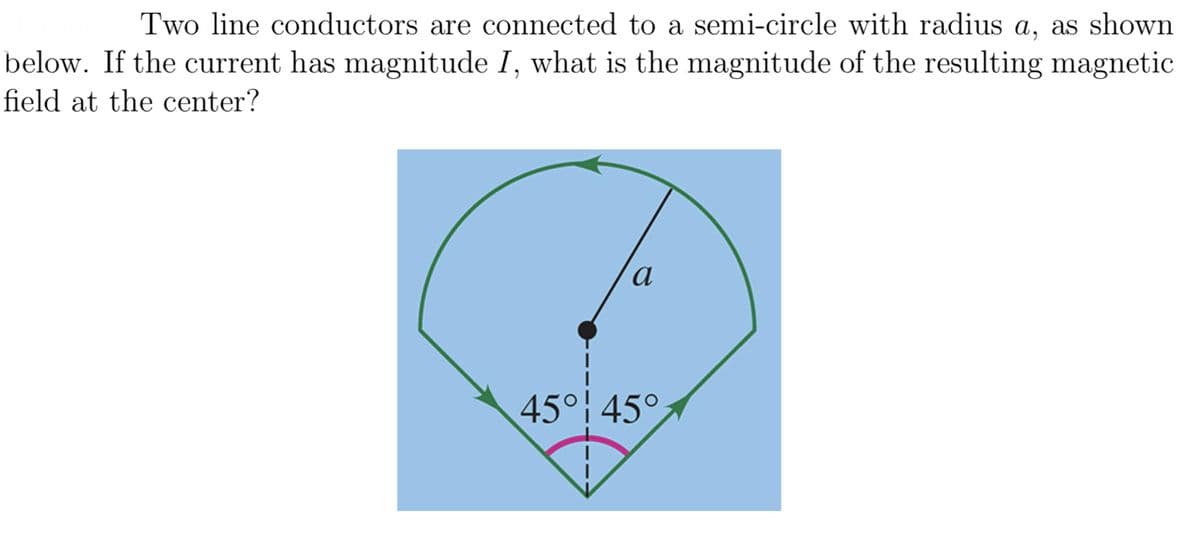 Two line conductors are connected to a semi-circle with radius a, as shown
below. If the current has magnitude I, what is the magnitude of the resulting magnetic
field at the center?
a
45° 45°