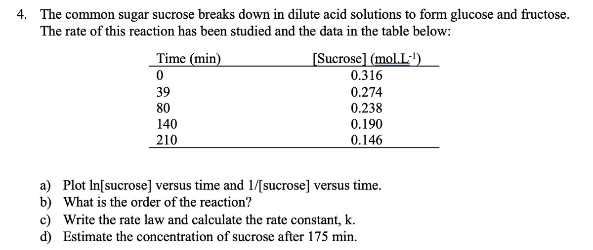 4. The common sugar sucrose breaks down in dilute acid solutions to form glucose and fructose.
The rate of this reaction has been studied and the data in the table below:
Time (min)
[Sucrose] (mol.L')
0.316
39
0.274
80
0.238
140
0.190
210
0.146
a) Plot In[sucrose] versus time and 1/[sucrose] versus time.
b) What is the order of the reaction?
c) Write the rate law and calculate the rate constant, k.
d) Estimate the concentration of sucrose after 175 min.
