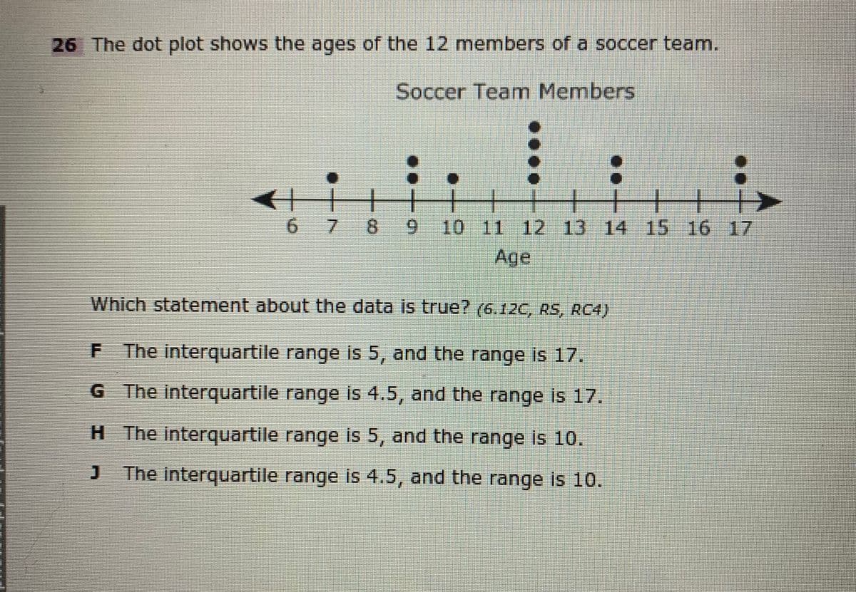 26 The dot plot shows the ages of the 12 members of a soccer team.
Soccer Team Members
7.
8.
6.
10 11 12 13 14 15 16 17
Age
Which statement about the data is true? (6.12C, RS, RC4)
F The interquartile range is 5, and the range is 17.
G The interquartile range is 4.5, and the range is 17.
H The interquartile range is 5, and the range is 10.
The interquartile range is 4.5, and the range is 10.
