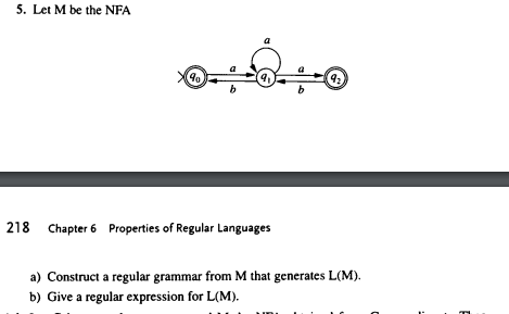 5. Let M be the NFA
0+0+
b
218 Chapter 6 Properties of Regular Languages
92
a) Construct a regular grammar from M that generates L(M).
b) Give a regular expression for L(M).
C
7
d
