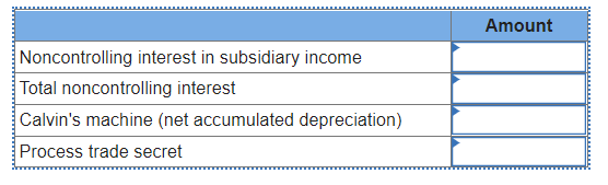 Amount
Noncontrolling interest in subsidiary income
Total noncontrolling interest
Calvin's machine (net accumulated depreciation)
Process trade secret
