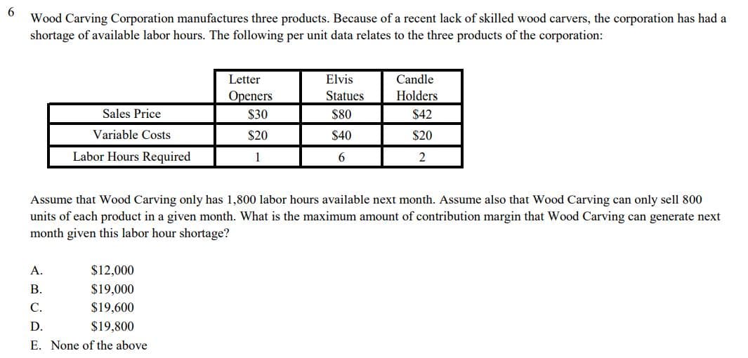 6.
Wood Carving Corporation manufactures three products. Because of a recent lack of skilled wood carvers, the corporation has had a
shortage of available labor hours. The following per unit data relates to the three products of the corporation:
Letter
Elvis
Candle
Openers
Statues
Holders
Sales Price
$30
$80
$42
Variable Costs
$20
$40
$20
Labor Hours Required
1
Assume that Wood Carving only has 1,800 labor hours available next month. Assume also that Wood Carving can only sell 800
units of each product in a given month. What is the maximum amount of contribution margin that Wood Carving can generate next
month given this labor hour shortage?
А.
$12,000
В.
$19,000
С.
$19,600
D.
$19,800
E. None of the above
