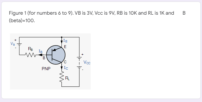 B
Figure 1 (for numbers 6 to 9). VB is 3V, Vcc is 9V, RB is 10K and RL is 1K and
(beta)=100.
IE
R₂
IB
ww B
Voc
PNP
ww
E
C
Ic
R₁