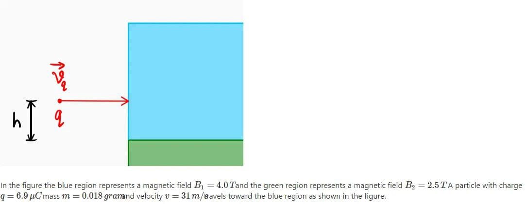 In the figure the blue region represents a magnetic field B1 = 4.0 Tand the green region represents a magnetic field B2 = 2.5 TA particle with charge
q=6.9µGmass m = 0.018 granand velocity v = 31 m/savels toward the blue region as shown in the figure.
