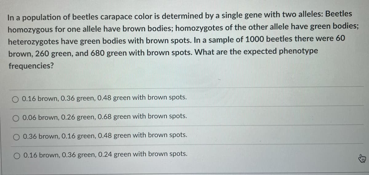 In a population of beetles carapace color is determined by a single gene with two alleles: Beetles
homozygous for one allele have brown bodies; homozygotes of the other allele have green bodies;
heterozygotes have green bodies with brown spots. In a sample of 1000 beetles there were 60
brown, 260 green, and 680 green with brown spots. What are the expected phenotype
frequencies?
0.16 brown, 0.36 green, 0.48 green with brown spots.
0.06 brown, 0.26 green, 0.68 green with brown spots.
0.36 brown, 0.16 green, 0.48 green with brown spots.
0.16 brown, 0.36 green, 0.24 green with brown spots.
