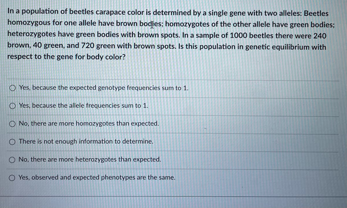 In a population of beetles carapace color is determined by a single gene with two alleles: Beetles
homozygous for one allele have brown bodjes; homozygotes of the other allele have green bodies;
heterozygotes have green bodies with brown spots. In a sample of 1000 beetles there were 240
brown, 40 green, and 720 green with brown spots. Is this population in genetic equilibrium with
respect to the gene for body color?
Yes, because the expected genotype frequencies sum to 1.
O Yes, because the allele frequencies sum to 1.
O No, there are more homozygotes than expected.
O There is not enough information to determine.
O No, there are more heterozygotes than expected.
O Yes, observed and expected phenotypes are the same.
