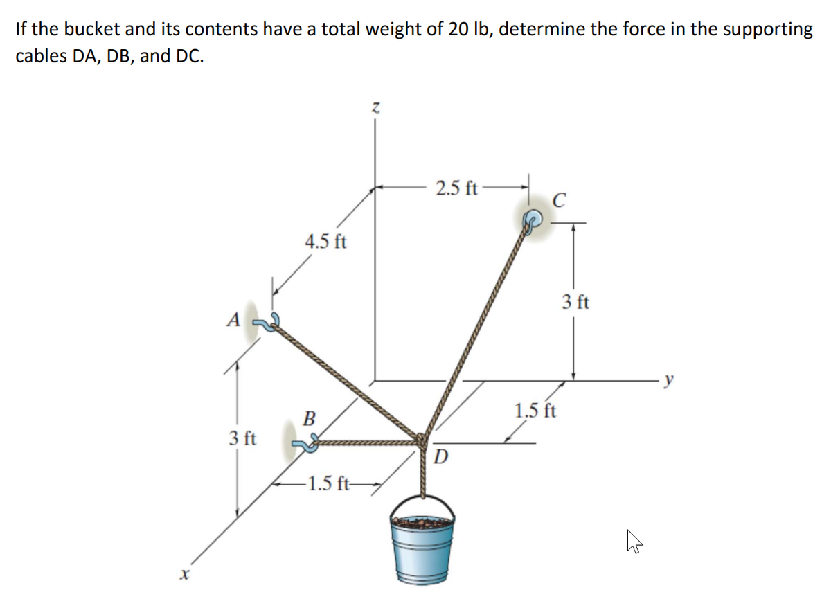 If the bucket and its contents have a total weight of 20 lb, determine the force in the supporting
cables DA, DB, and DC.
2.5 ft
4.5 ft
3 ft
A
1.5 ft
В
3 ft
D
-1.5 ft-
