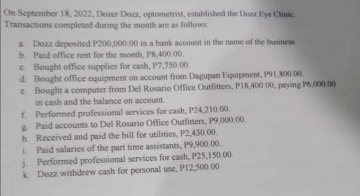 On September 18, 2022, Dozer Dozz, optometrist, established the Dozz Eye Clinic.
Transactions completed during the month are as follows:
a. Dozz deposited P200,000.00 in a bank account in the name of the business
b. Paid office rent for the month, P8,400.00.
c. Bought office supplies for cash, P7,750.00.
d. Bought office equipment on account from Dagupan Equipment, P91,800.00.
e. Bought a computer from Del Rosario Office Outfitters, P18,400.00, paying P6,000.00
in cash and the balance on account.
f Performed professional services for cash, P24,210.00.
g. Paid accounts to Del Rosario Office Outfitters, P9,000.00.
h. Received and paid the bill for utilities, P2,430.00.
i. Paid salaries of the part time assistants, P9,900.00.
j. Performed professional services for cash, P25,150.00.
k. Dozz withdrew cash for personal use, P12,500.00