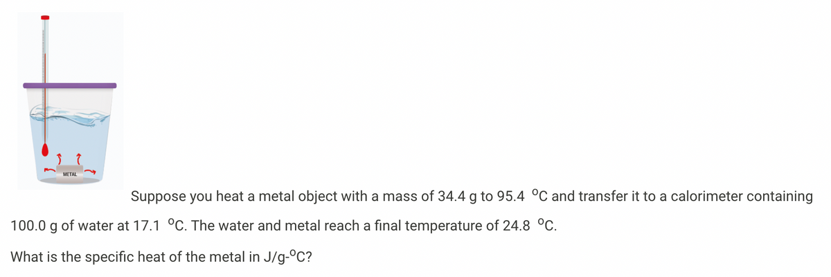 МЕTAL
Suppose you heat a metal object with a mass of 34.4 g to 95.4 °C and transfer it to a calorimeter containing
100.0 g of water at 17.1 °C. The water and metal reach a final temperature of 24.8 °C.
What is the specific heat of the metal in J/g-°C?
