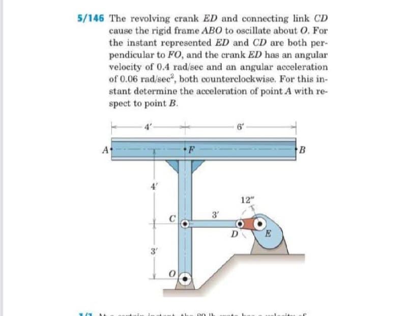 5/146 The revolving crank ED and connecting link CD
cause the rigid frame ABO to oscillate about O. For
the instant represented ED and CD are both per-
pendicular to FO, and the crank ED has an angular
velocity of 0.4 rad/sec and an angular acceleration
of 0.06 rad/sec, both counterclockwise. For this in-
stant determine the acceleration of point A with re-
spect to point B.
6'
A
F
B
12"
3'
C
D
E
3'
