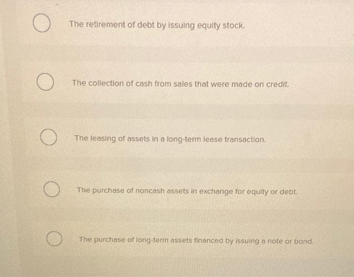 The retirement of debt by issuing equity stock.
The collection of cash from sales that were made on credit.
The leasing of assets in a long-term lease transaction.
The purchase of noncash assets in exchange for equity or debt.
The purchase of long-term assets financed by issulng a note or bond.
