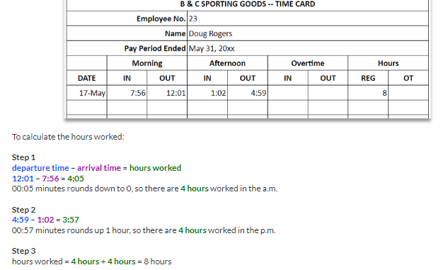 DATE
17-May
IN
Employee No. 23
Name Doug Rogers
Pay Period Ended May 31, 20xx
Morning
Afternoon
7:56
B & C SPORTING GOODS -- TIME CARD
OUT
12:01
To calculate the hours worked:
Step 1
departure time - arrival time = hours worked
IN
Step 3
hours worked = 4 hours + 4 hours = 8 hours
1:02
OUT
4:59
12:01 - 7:56 = 4:05
00:05 minutes rounds down to O, so there are 4 hours worked in the a.m.
Step 2
4:59 - 1:02 = 3:57
00:57 minutes rounds up 1 hour, so there are 4 hours worked in the p.m.
Overtime
IN
OUT
REG
Hours
8
OT