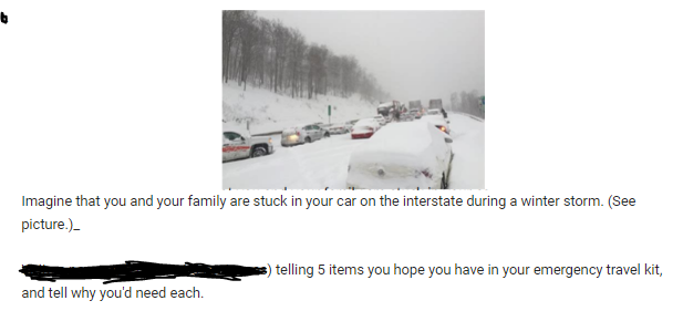 Imagine that you and your family are stuck in your car on the interstate during a winter storm. (See
picture.)_
and tell why you'd need each.
telling 5 items you hope you have in your emergency travel kit,