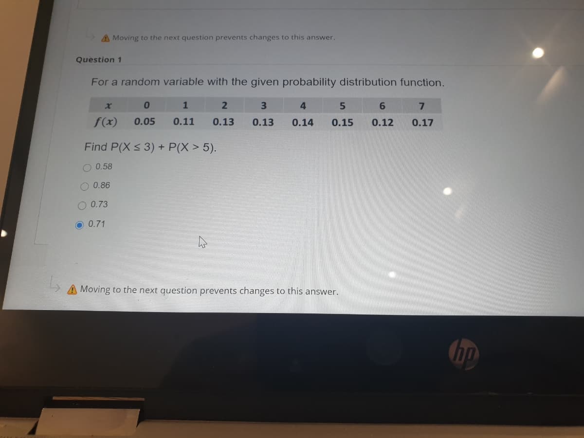 AMoving to the next question prevents changes to this answer.
Question 1
For a random variable with the given probability distribution function.
1
3
4
6.
f(x)
0.05
0.11
0.13
0.13
0.14
0.15
0.12
0.17
Find P(X < 3) + P(X > 5).
0.58
O 0.86
0.73
O 0.71
Moving to the next question prevents changes to this answer.
