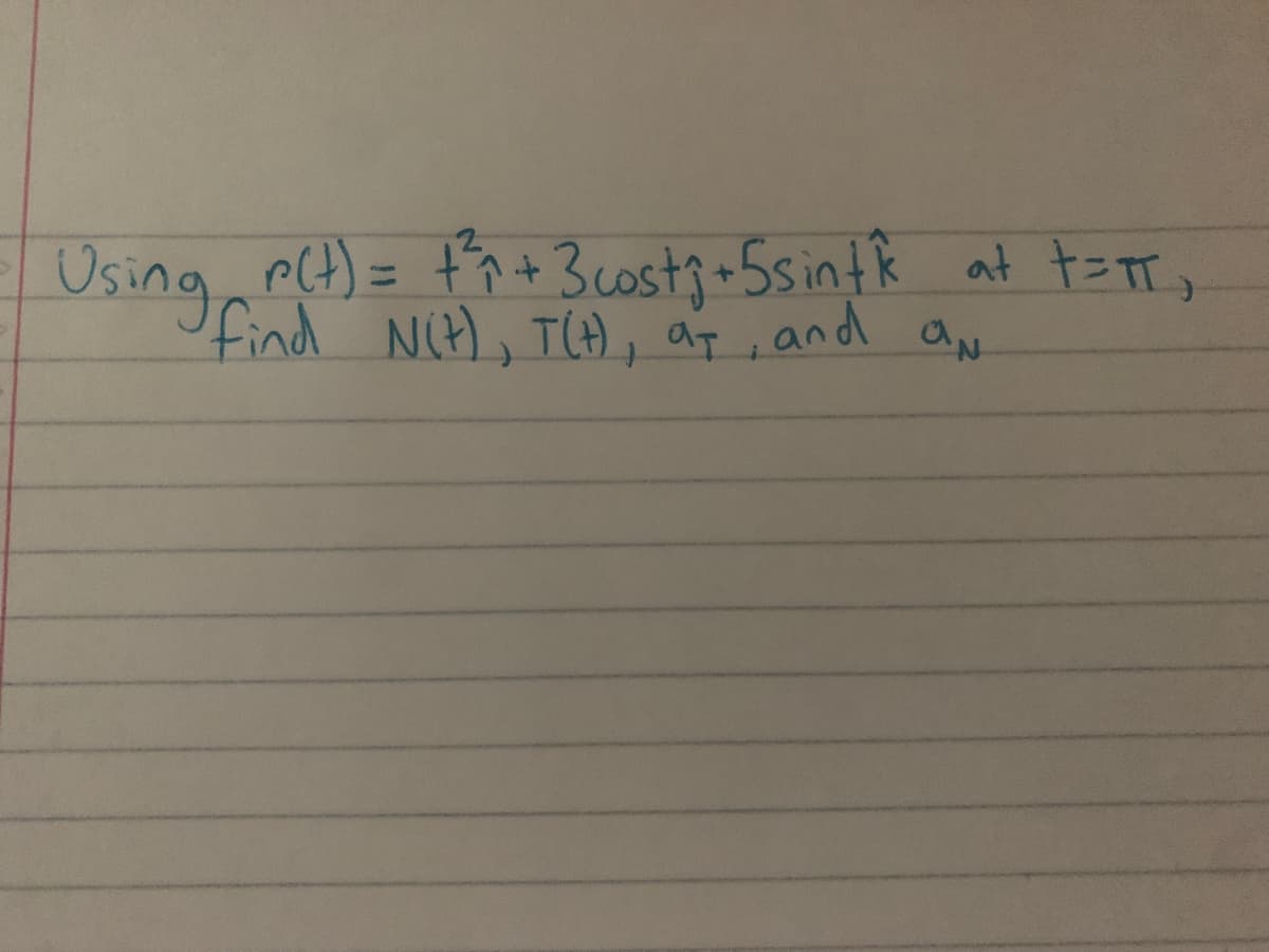Using r(t) = +²₁² + 3 cost₁ + 5 sint & at += π,
find Nit), T(H), at, and aN