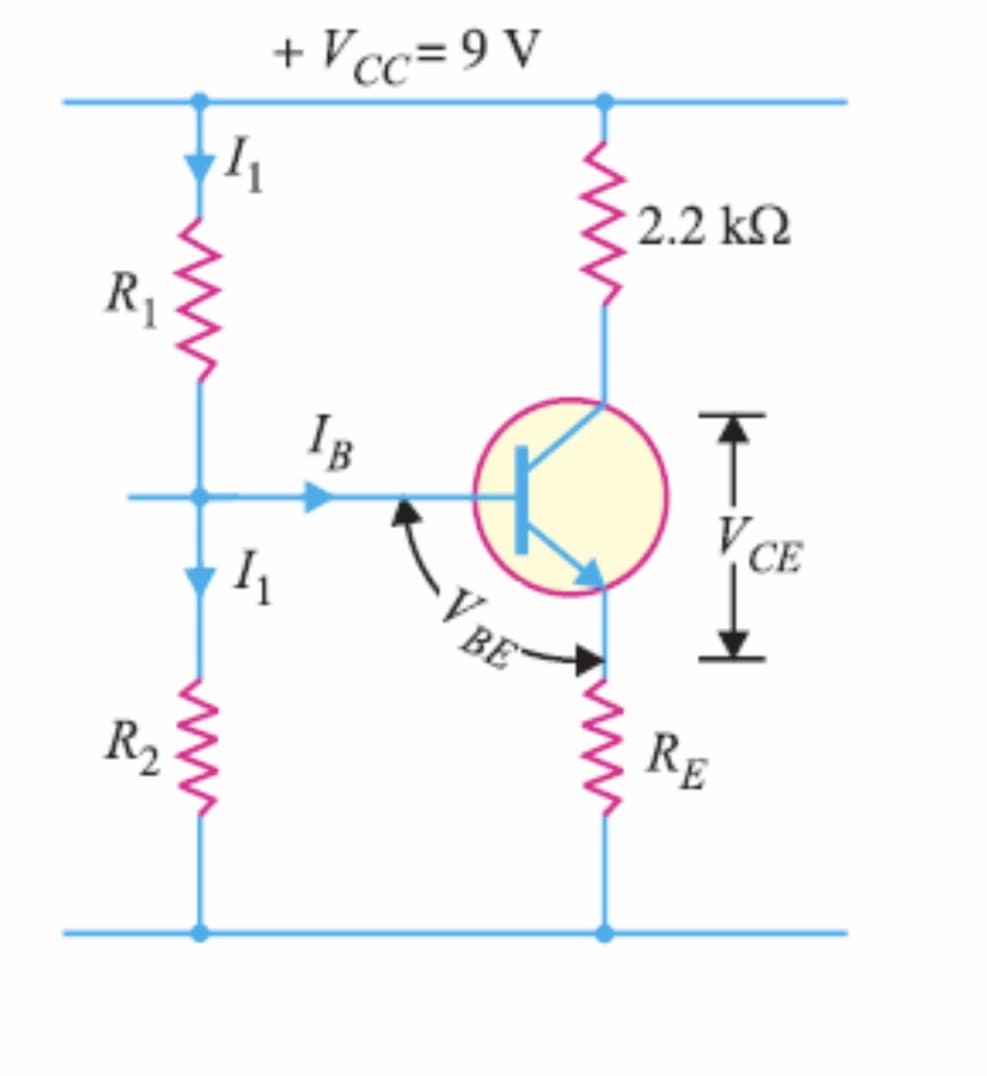 Vcc=9 V
+
2.2 k2
R1
IB
V CE
ВЕ
RE
R2
- V BE'
ww
