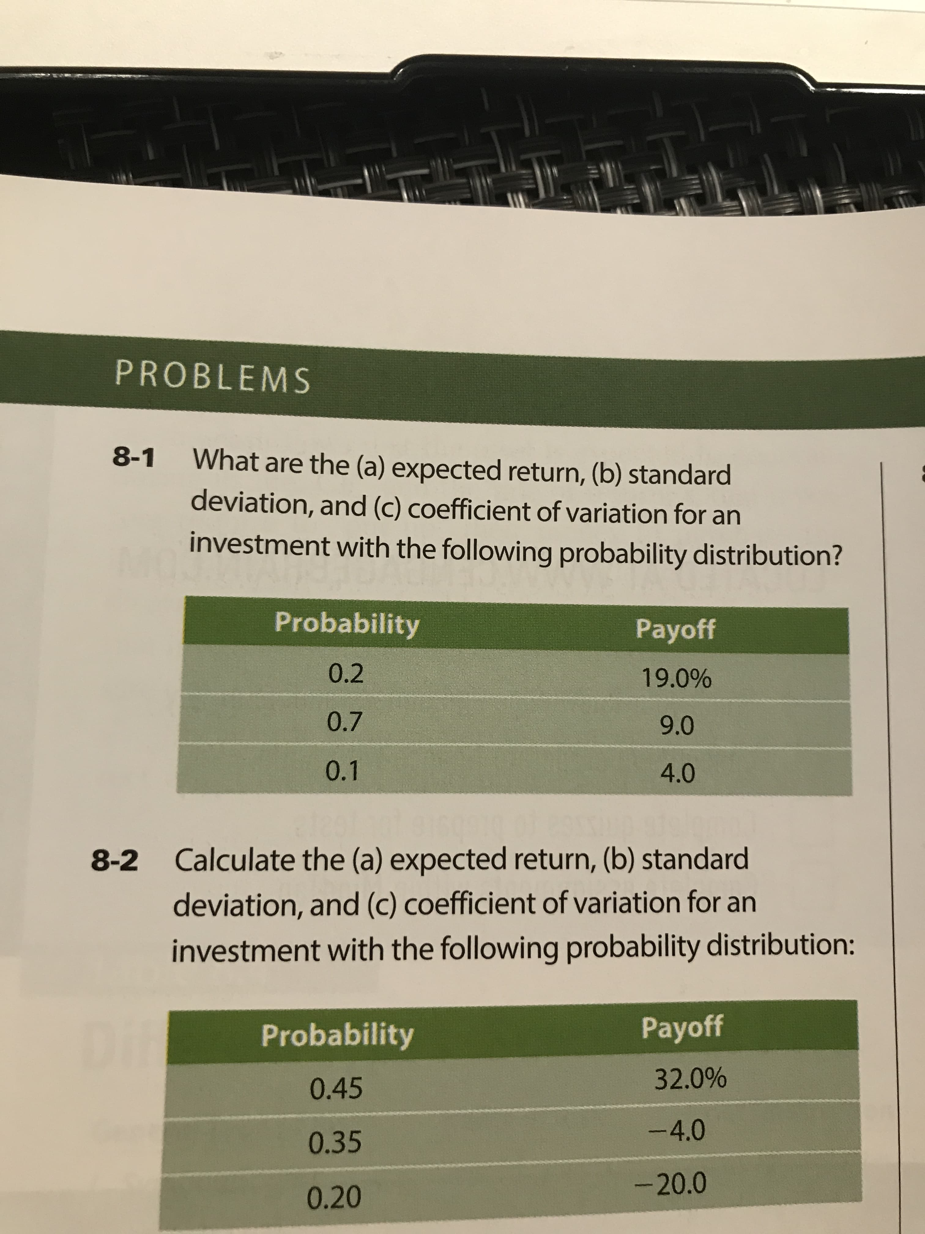 What are the (a) expected return, (b) standard
deviation, and (c) coefficient of variation for an
investment with the following probability distribution?
