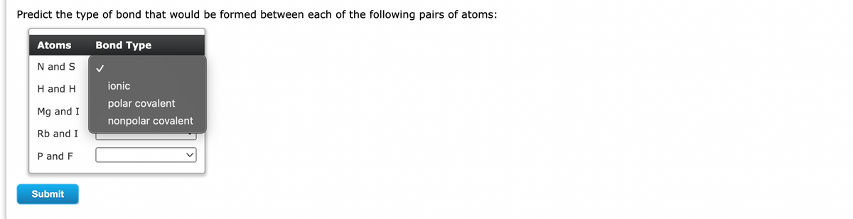 Predict the type of bond that would be formed between each of the following pairs of atoms:
Atoms
N and S
H and H
Mg and I
Rb and I
P and F
Submit
Bond Type
✓
ionic
polar covalent
nonpolar covalent