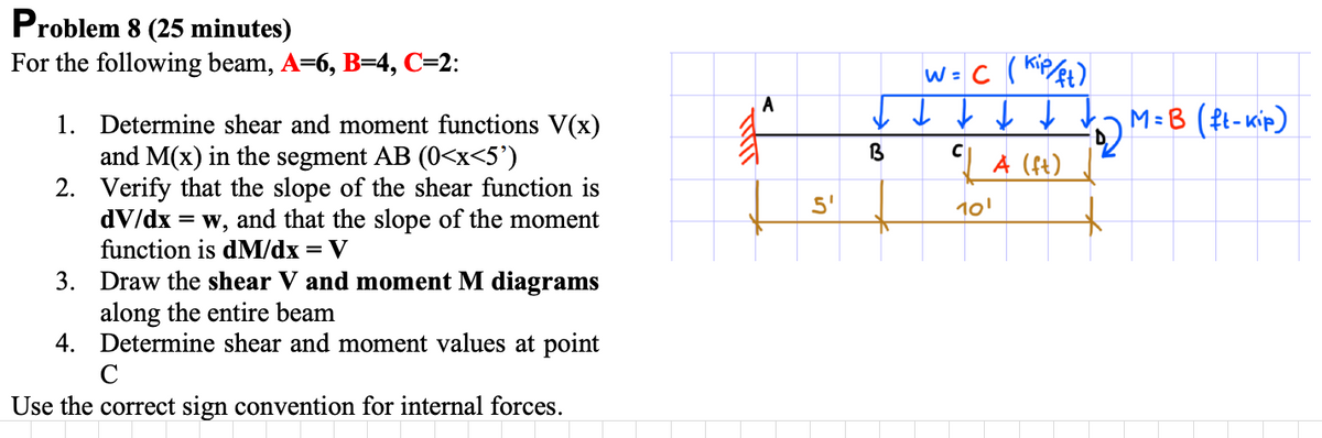Problem 8 (25 minutes)
For the following beam, A=6, B=4, C=2:
1. Determine shear and moment functions V(x)
and M(x) in the segment AB (0<x<5')
2. Verify that the slope of the shear function is
dV/dx = w, and that the slope of the moment
function is dM/dx = V
3. Draw the shear V and moment M diagrams
along the entire beam
4. Determine shear and moment values at point
C
Use the correct sign convention for internal forces.
A
W = C (Kip/ft)
↓ ↓
B
C
5'
10'
(ft)
✓2 M=B (ft-kip)