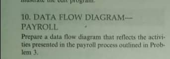 10. DATA FLOW DIAGRAM-
PAYROLL
Prepare a data flow diagram that reflects the activi-
ties presented in the payroll process outlined in Prob-
lem 3.
